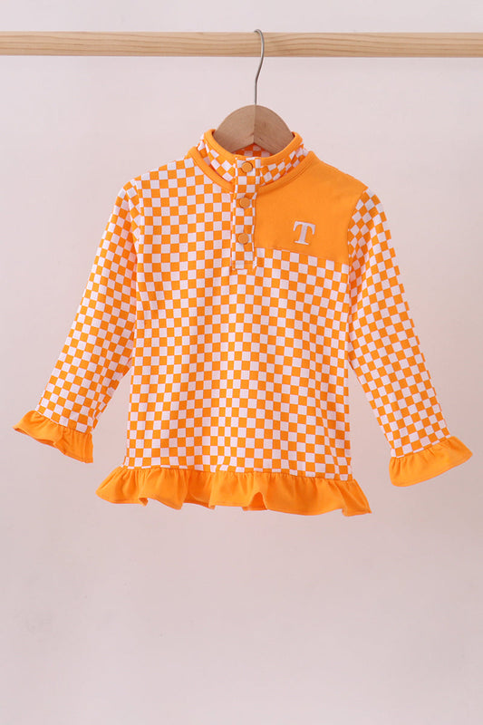 Orange Tennessee checkered pullover ruffle top