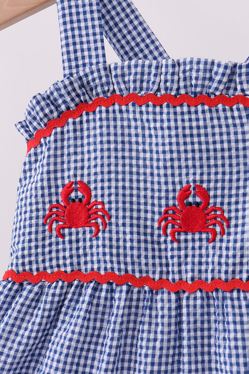 Blue crab embroidery gingham tiered dress