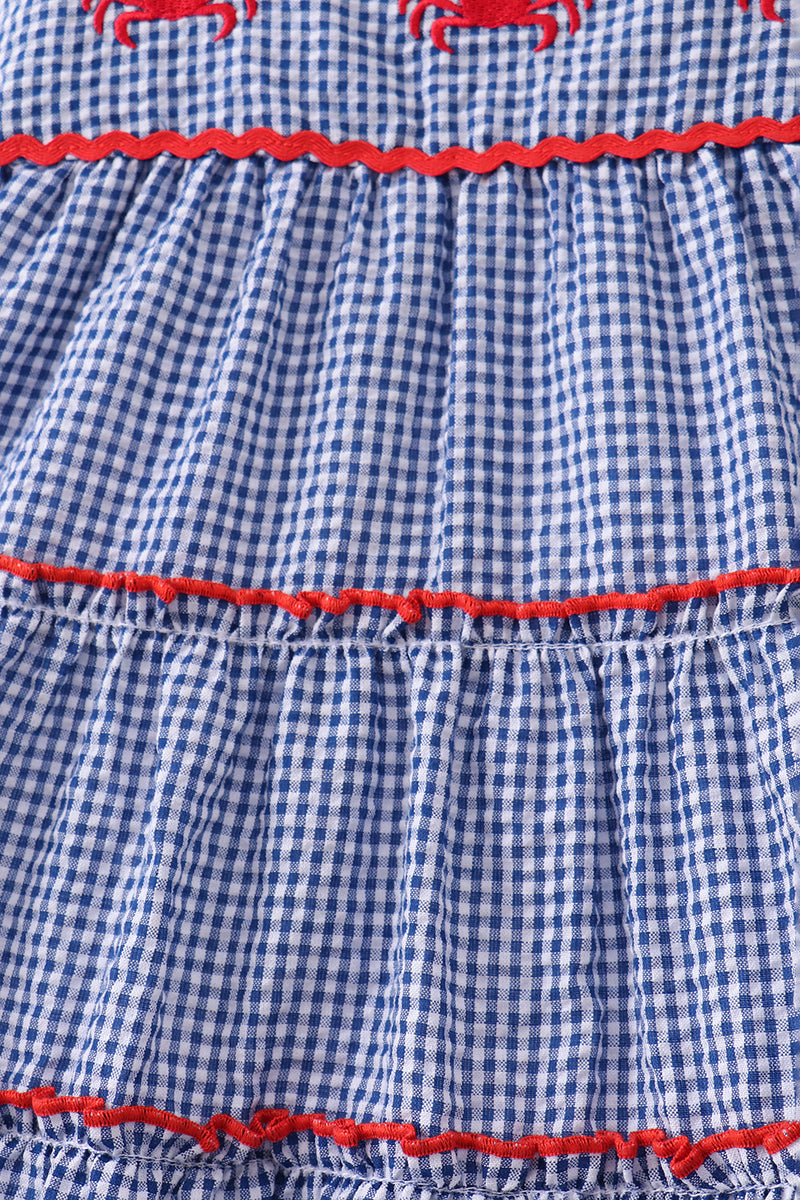 Blue crab embroidery gingham tiered dress