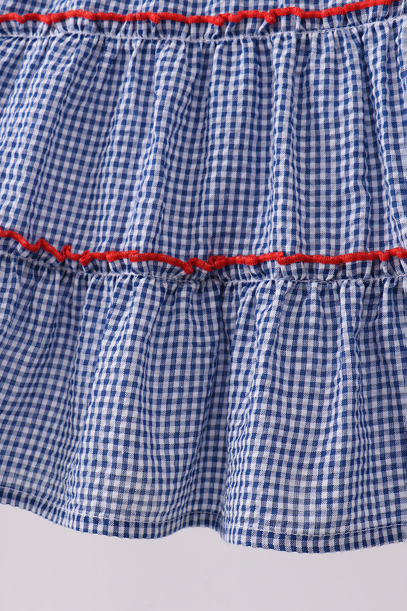 Blue crab embroidery gingham tiered dress
