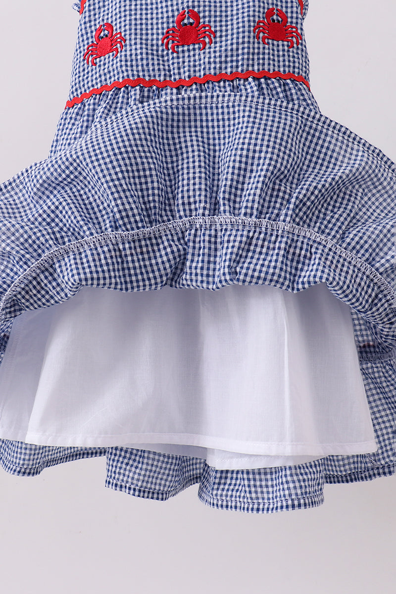 Blue crab embroidery gingham tiered dress