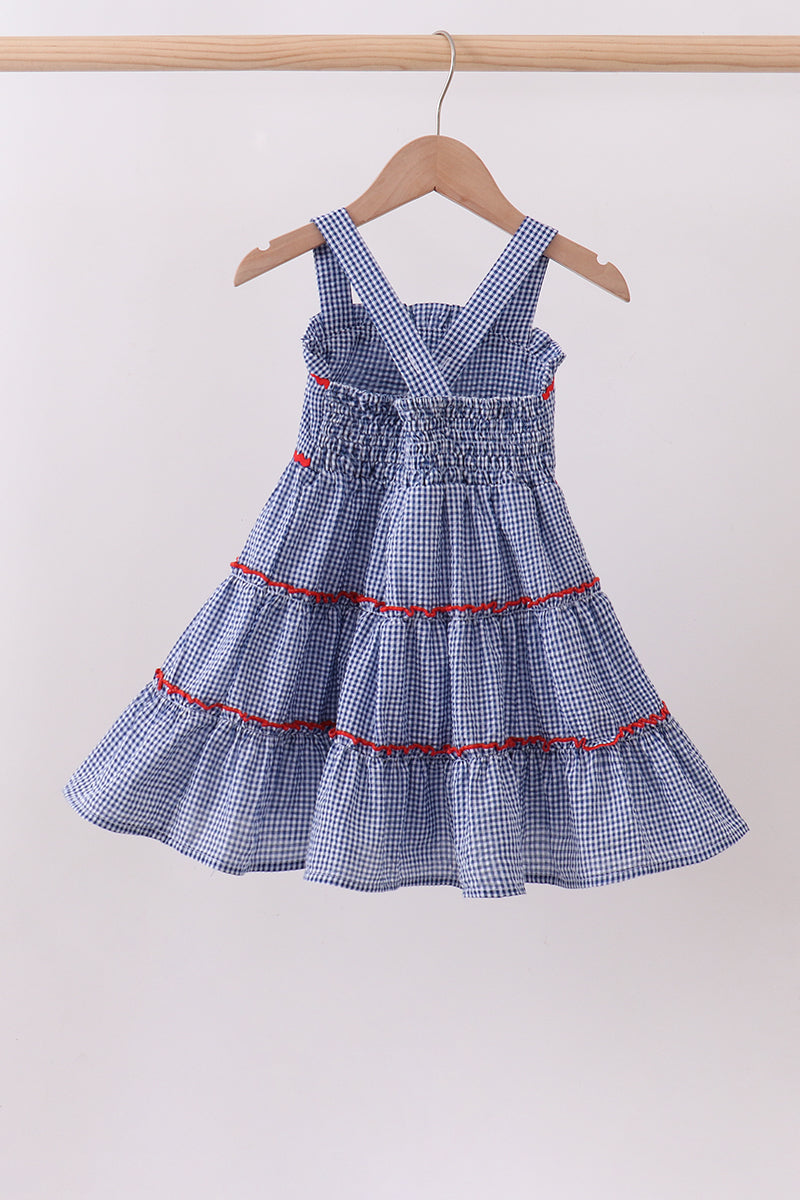 Blue crab embroidery gingham tiered dress
