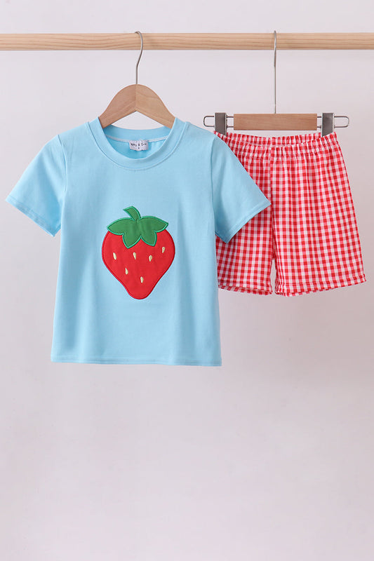 Blue strawberry applique gingham shorts set