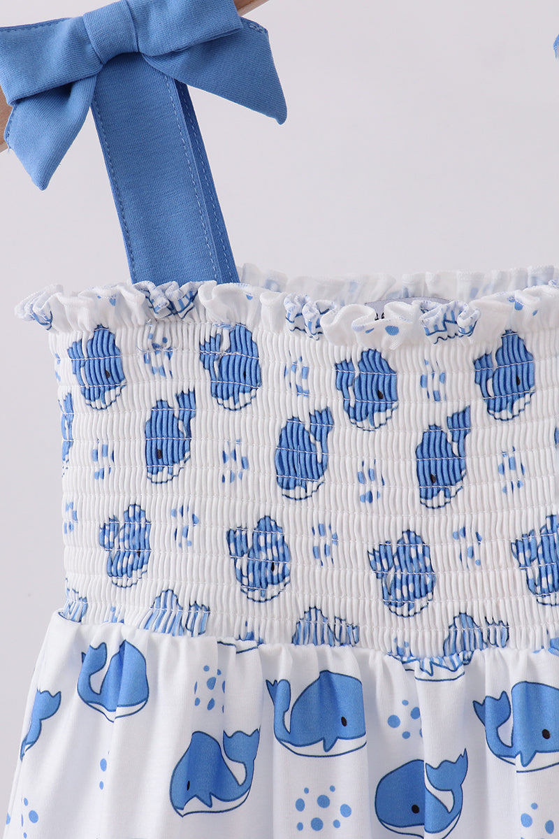 Blue whale smocked ruffle mom&me dress