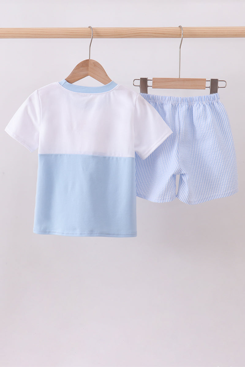 Blue nautical trio embroidery shorts set