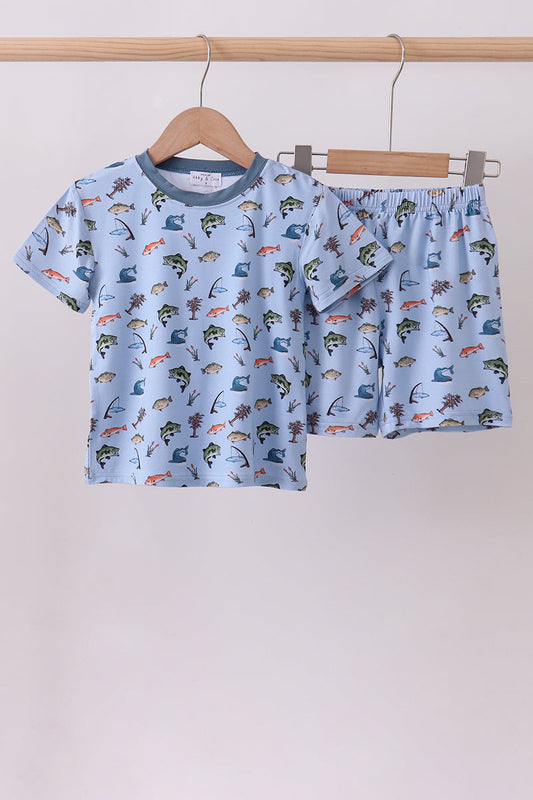 Blue fish print bamboo pajama set