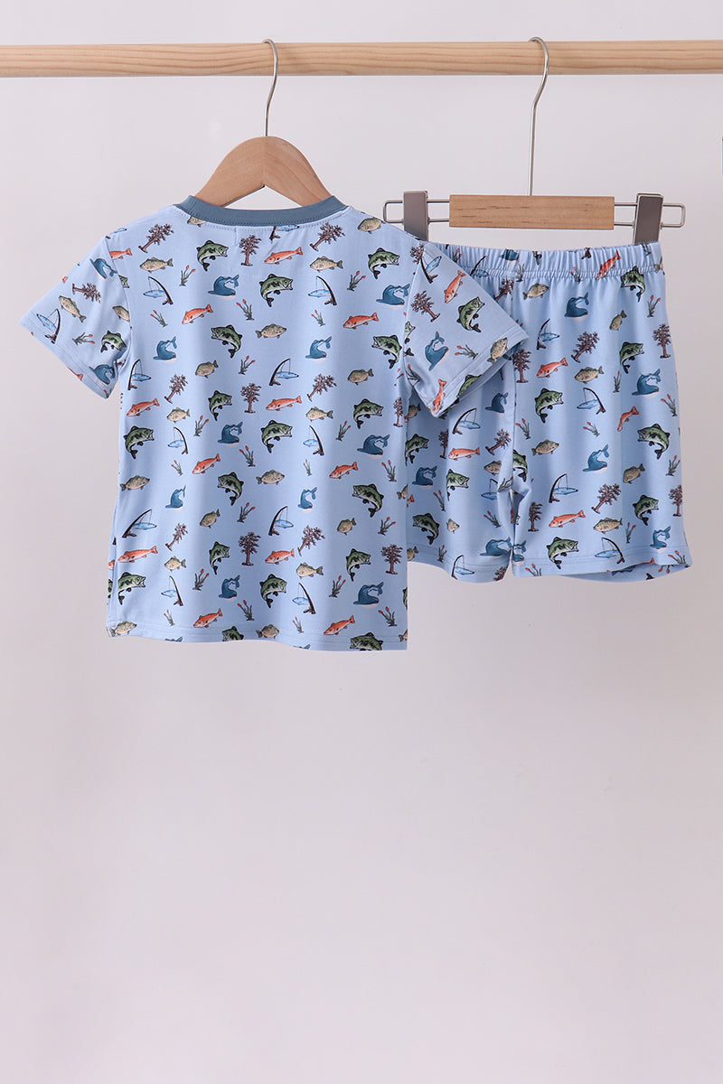 Blue fish print bamboo pajama set