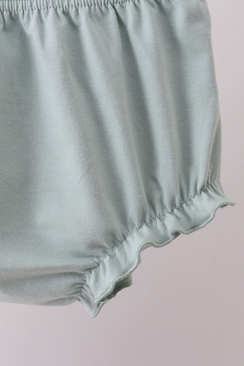 Sage strawberry embroidery ruffle bloomer set