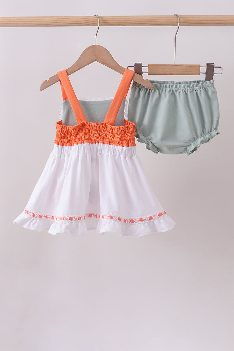 Sage strawberry embroidery ruffle bloomer set